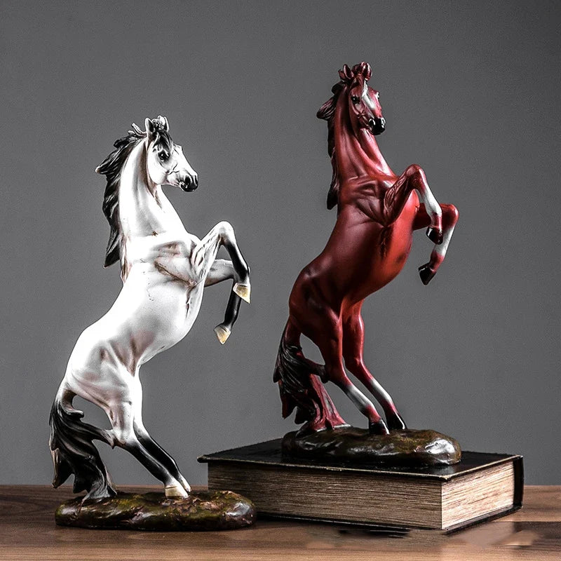Perfecsy European Style resin horse sculptures, white and red, rearing on bases, desktop decor on Tampa Home & Garden Store