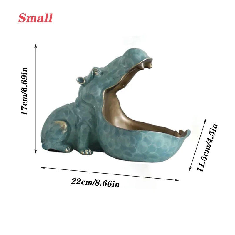 Blue-green hippo storage container ceramic figurine with gold interior, table decor on Tampa Home & Garden Store