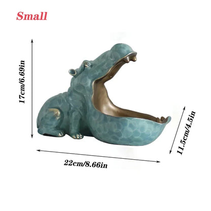 Blue-green hippo storage container ceramic figurine with gold interior, table decor on Tampa Home & Garden Store