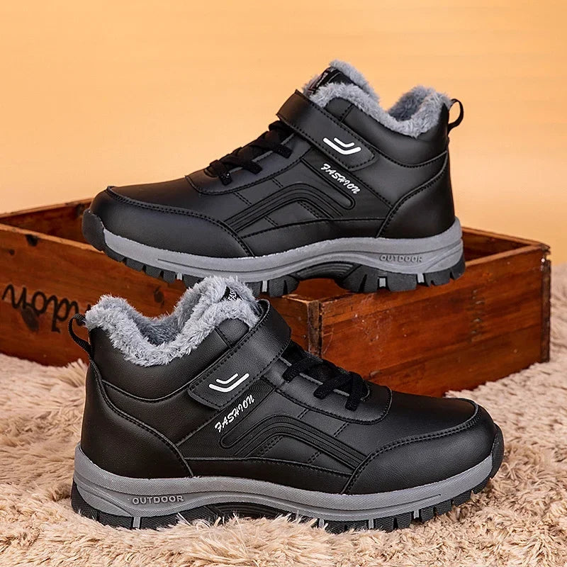 Mens waterproof winter snow boots UpTrend Deals, black leather upper, pair on Tampa Home & Garden Store