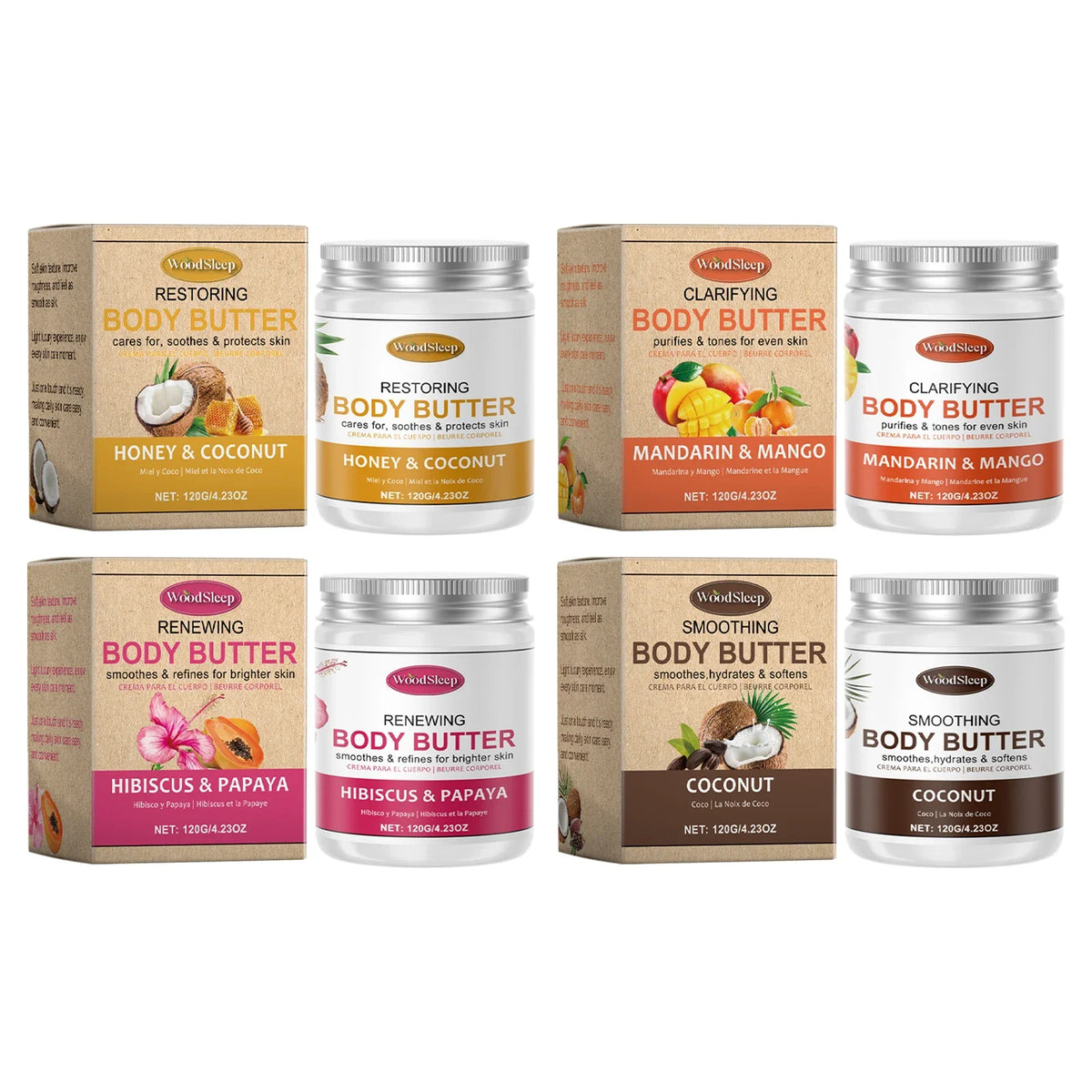 WoodSleep body butter set of 8 jars and boxes in Honey & Coconut Mandarin & Mango flavors on Tampa Home & Garden Store