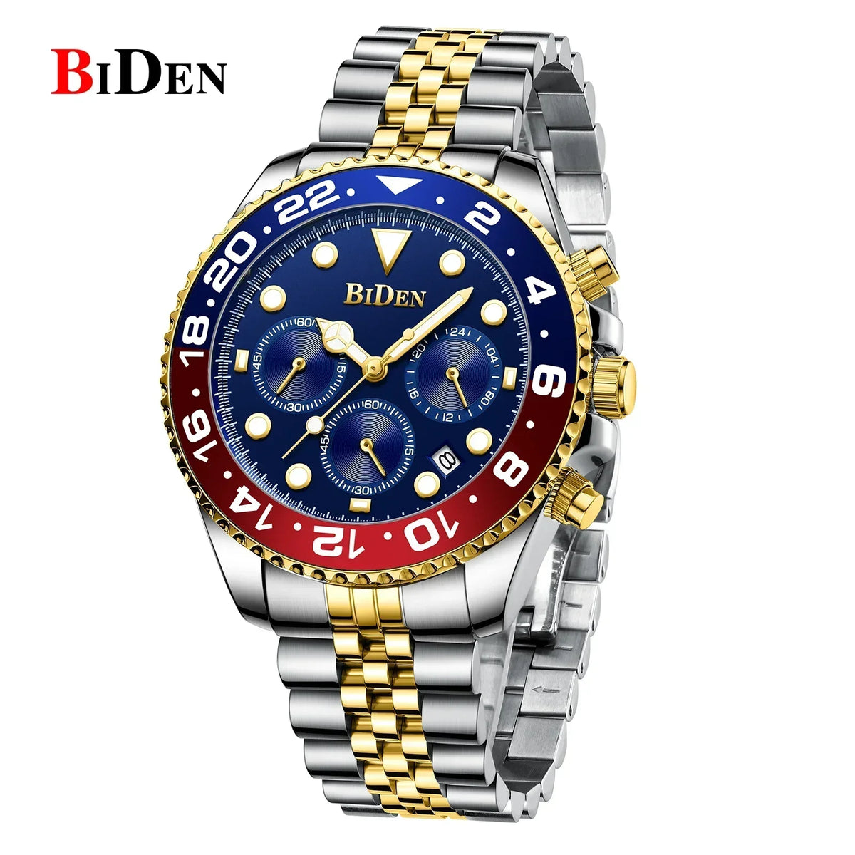 Men's two-tone luxury quartz dress watch with blue dial, gold bezel and BIDEN logo on Tampa Home & Garden Store