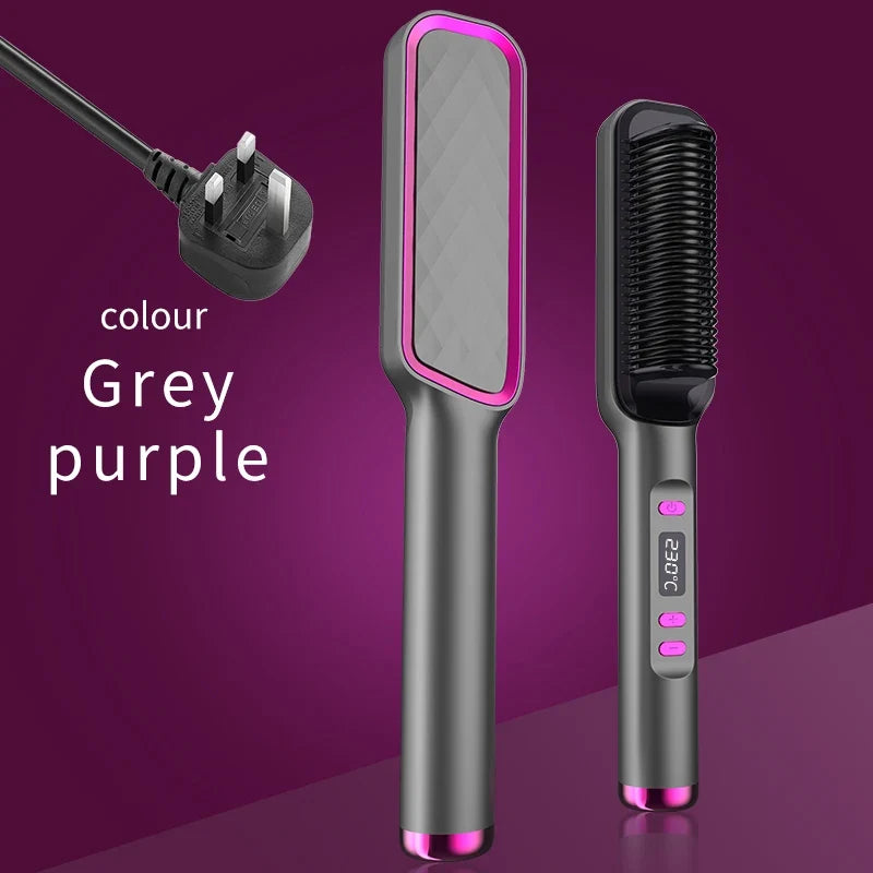 Electric hot comb and styling brush by Silcy Skin in grey and purple with digital display on Tampa Home & Garden Store