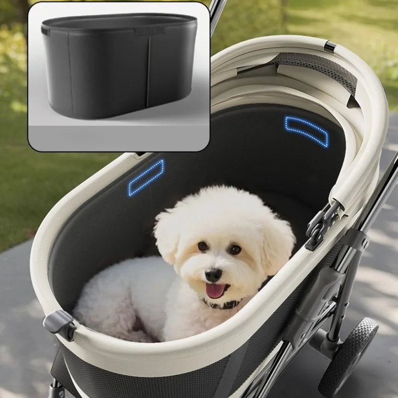 Pet Zen dog stroller for small dogs, cream exterior with black interior, foldable one-pull design on Tampa Home & Garden Store