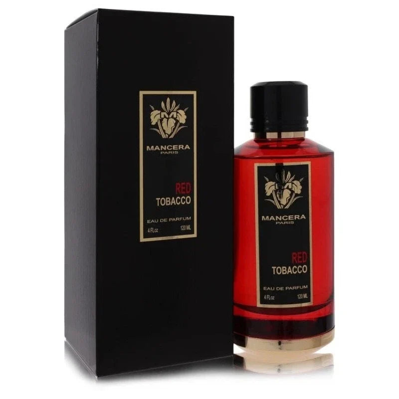 Mancera Red Tobacco perfume bottle and black box; red glass bottle with gold label 120 ml on Tampa Home & Garden Store