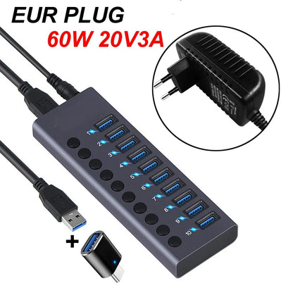 UpTrend Deals 10-Port USB 3.0 hub with blue LED ports, gray body, 60W adapter included on Tampa Home & Garden Store