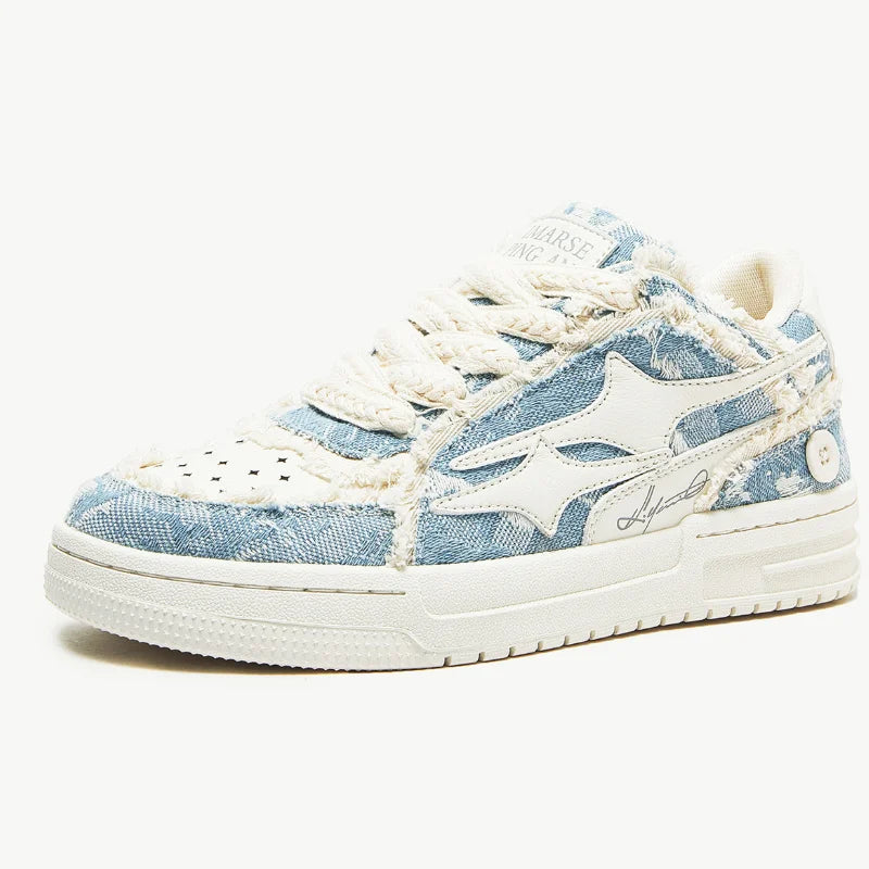 Tennis Sneakers - Retro Leather Star Detail with denim upper, rope laces, white star, sole on Tampa Home & Garden Store