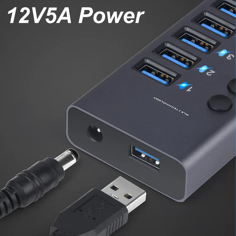 10-Port USB 3.0 hub docking station in gray with blue ports and 12V5A power adapter on Tampa Home & Garden Store