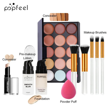 Popfeel 10-piece makeup set with concealer, foundation, primer, powder puff and brushes on Tampa Home & Garden Store