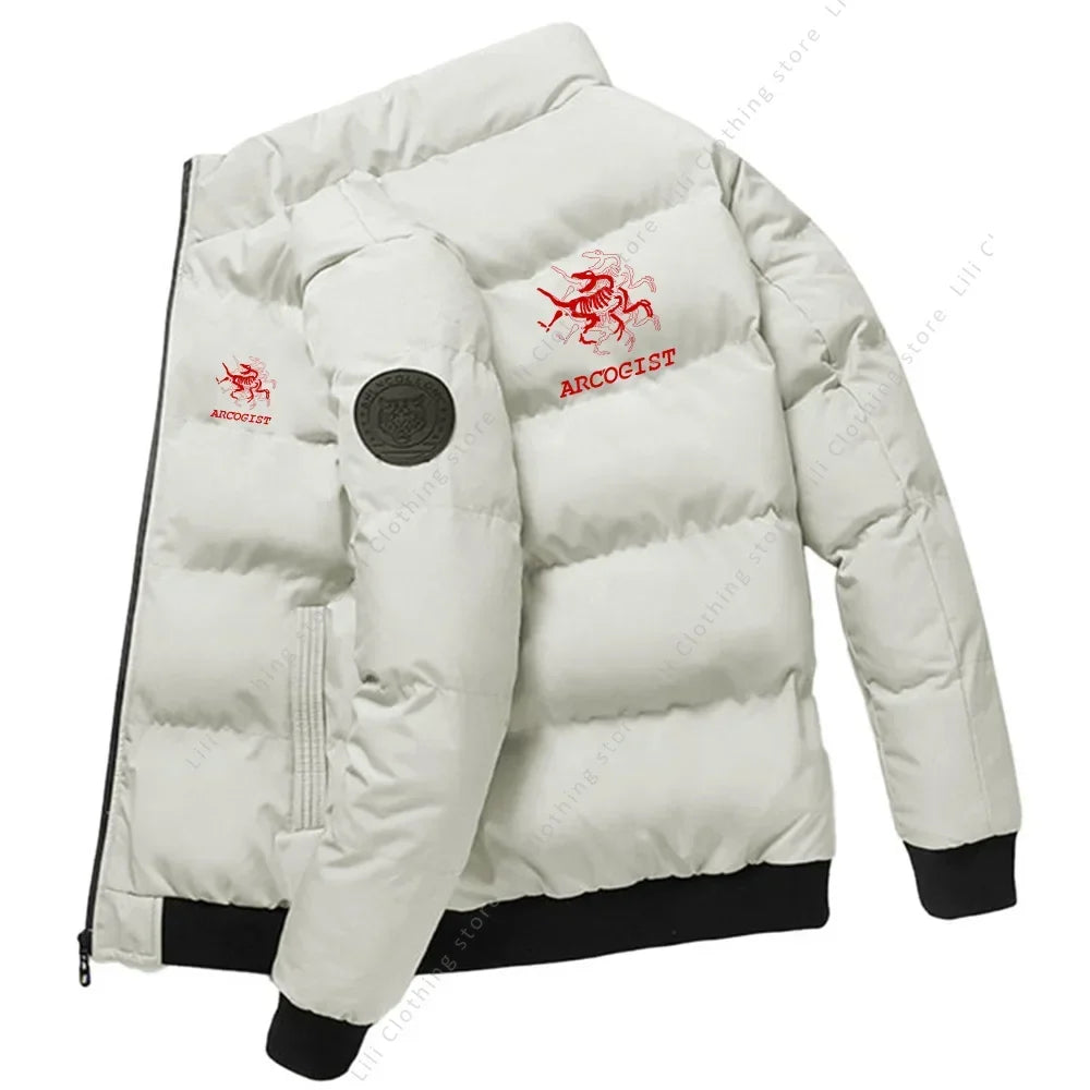 Men's Winter Jacket white thick puffer parka with red ARCOGIST logo, black ribbed cuffs and hem on Tampa Home & Garden Store