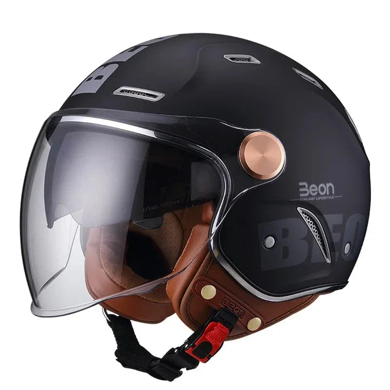 Retro open-face motorcycle helmet matte black with leather lining and visor Beon logo on Tampa Home & Garden Store