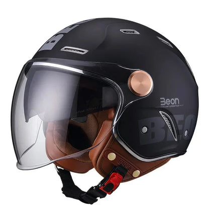 Retro open-face motorcycle helmet matte black with leather lining and visor Beon logo on Tampa Home & Garden Store