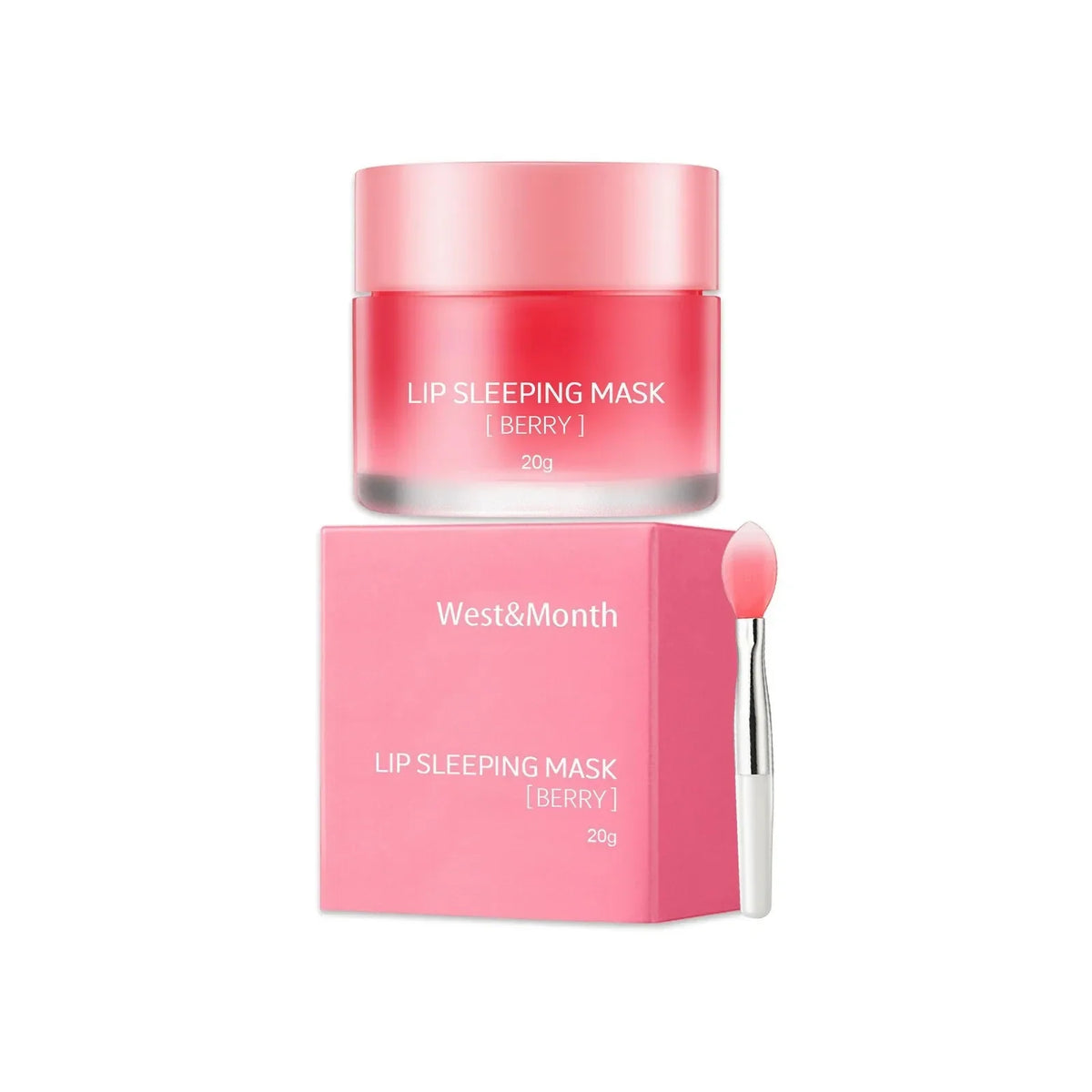 Berry lip sleeping mask in a pink glass jar with pink cap, 20g, West&Month packaging on Tampa Home & Garden Store