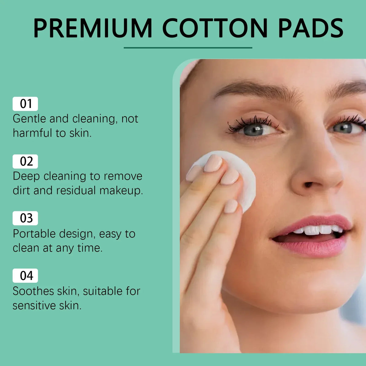 Cotton pads for gentle cleansing and makeup removal, woman applying a white pad on skin on Tampa Home & Garden Store