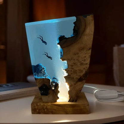 Perfecsy Seabed Exploration Resin Table Light with 2 divers, blue resin wood base USB powered on Tampa Home & Garden Store