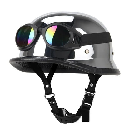 BikerZoneZ DOT Certification Half Helmet with retro gray shell and mirrored goggles on Tampa Home & Garden Store