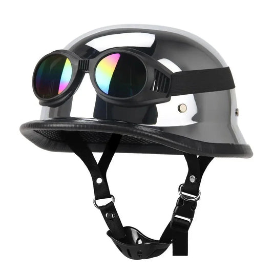BikerZoneZ DOT Certification Half Helmet with retro gray shell and mirrored goggles on Tampa Home & Garden Store