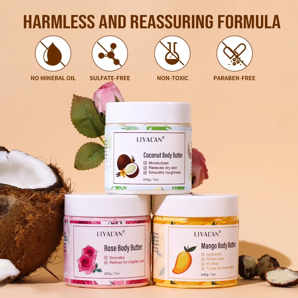 LIYALAN Coconut, Rose, and Mango Body Butter trio jars for moisturizing skin care on Tampa Home & Garden Store