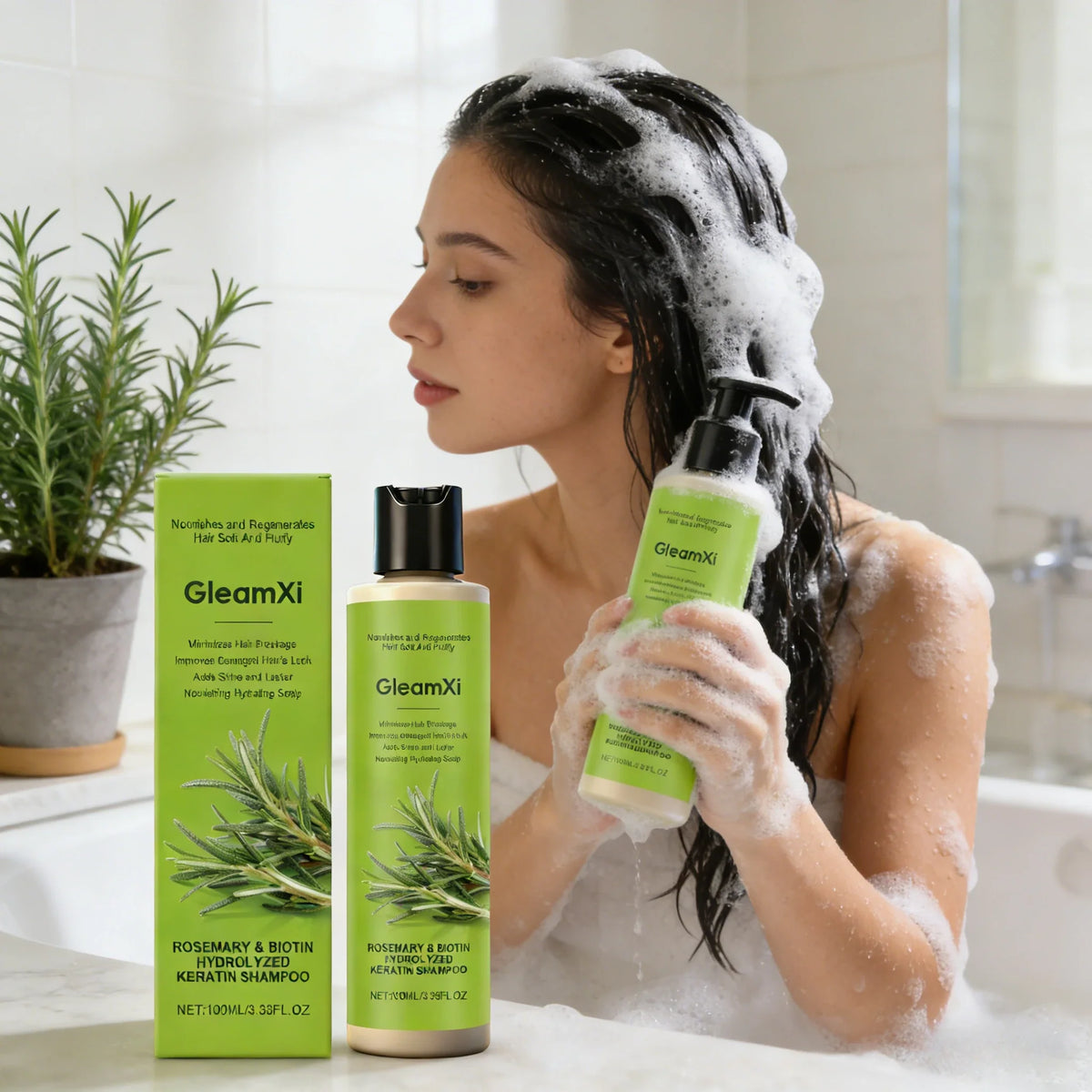 Pair of GleamXi rosemary and biotin shampoo bottles with green packaging by Silcy Skin on Tampa Home & Garden Store