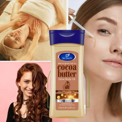 Cocoa Butter Glow Body Oil bottle by Dr. Davey, blue cap, 200 mL for all skin types on Tampa Home & Garden Store