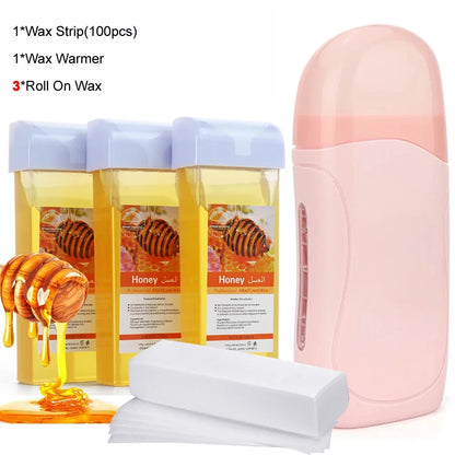 Roll-On Waxing Kit with 3 roll-on wax cartridges, pink wax warmer, honey wax bottles and strips on Tampa Home & Garden Store
