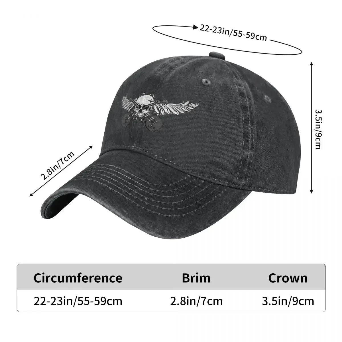 Guitar Rock Multicolor Skull Wing Baseball Cap with distressed black fabric and curved brim on Tampa Home & Garden Store