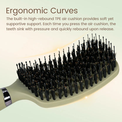 Boar Bristle Detangling Hair Brush Silcy Skin anti-static ergonomic curved green handle on Tampa Home & Garden Store