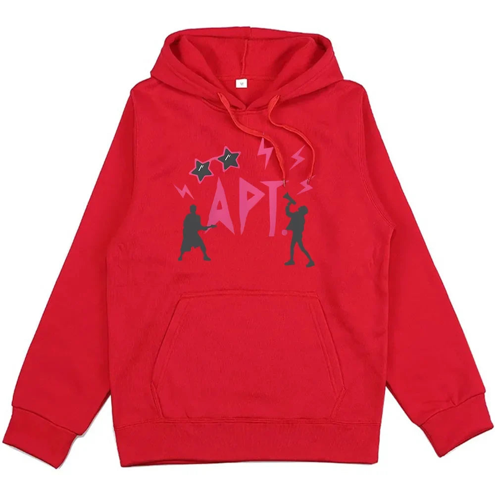 APT Rose & Bruno Mars Hoodie red unisex graphic sweatshirt with APT lettering and silhouettes on Tampa Home & Garden Store