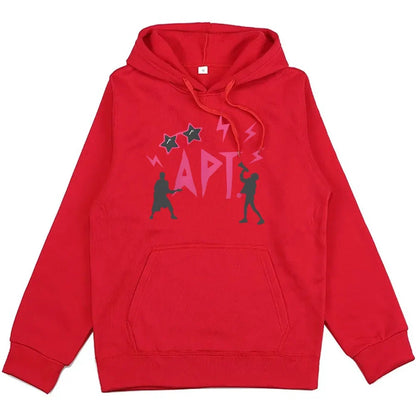 APT Rose & Bruno Mars Hoodie red unisex graphic sweatshirt with APT lettering and silhouettes on Tampa Home & Garden Store
