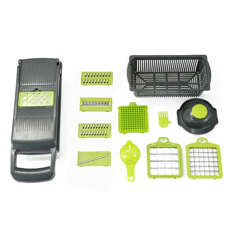 Perfecsy 14/16-in-1 vegetable chopper set with gray handle and lime-green blades on Tampa Home & Garden Store