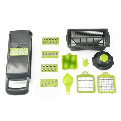 Perfecsy 14/16-in-1 vegetable chopper set with gray handle and lime-green blades on Tampa Home & Garden Store