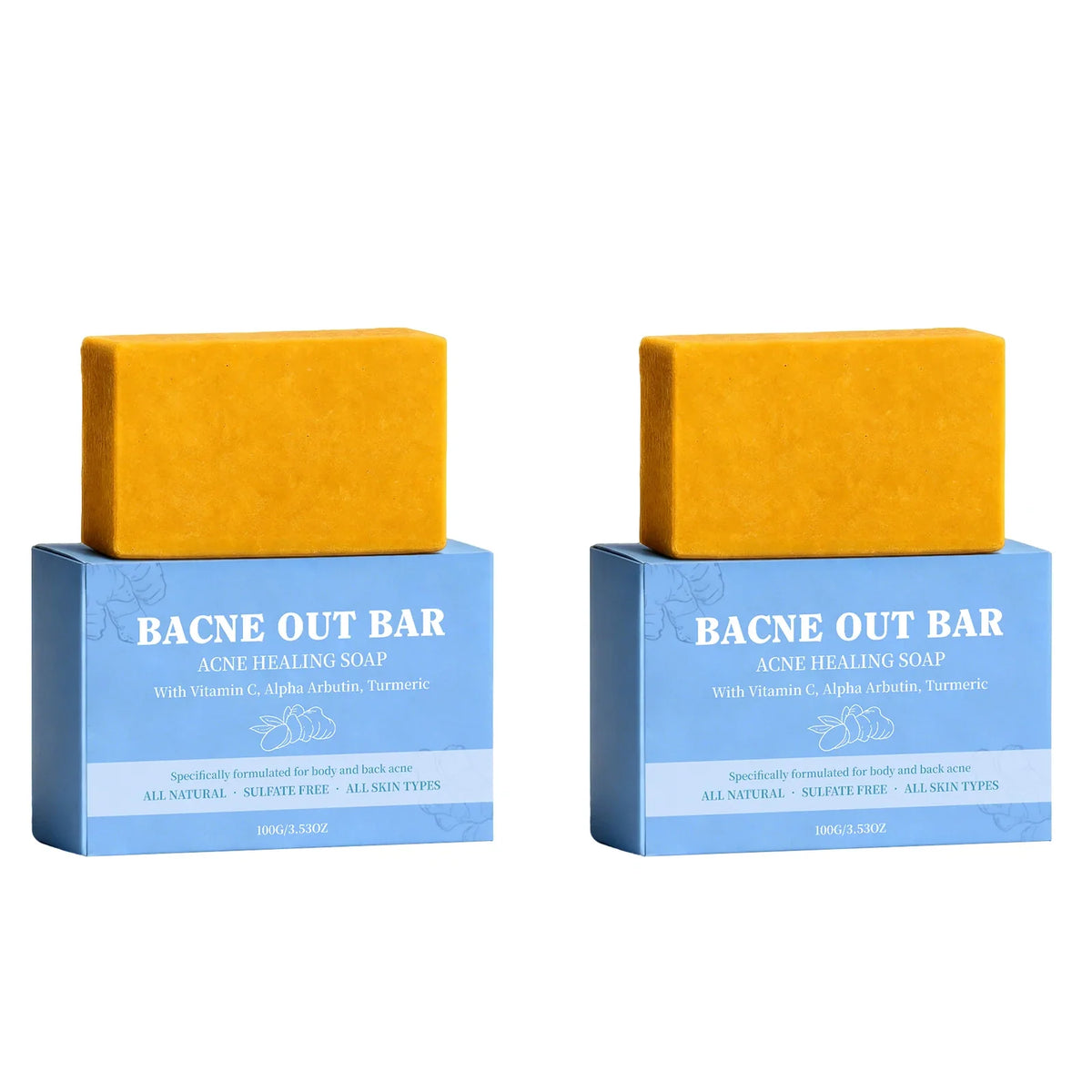 Bacne Out Bar acne healing soap bars on blue packaging, two yellow blocks on Tampa Home & Garden Store