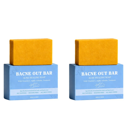 Bacne Out Bar acne healing soap bars on blue packaging, two yellow blocks on Tampa Home & Garden Store
