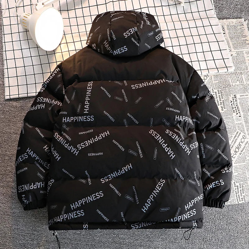 Men Winter Parka; black cotton-padded hooded coat with all-over HAPPINESS print, back view on Tampa Home & Garden Store