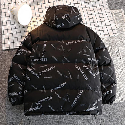 Men Winter Parka; black cotton-padded hooded coat with all-over HAPPINESS print, back view on Tampa Home & Garden Store