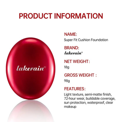 Super Fit Cushion Foundation compact red oval case with lakerain logo, 18g net weight on Tampa Home & Garden Store