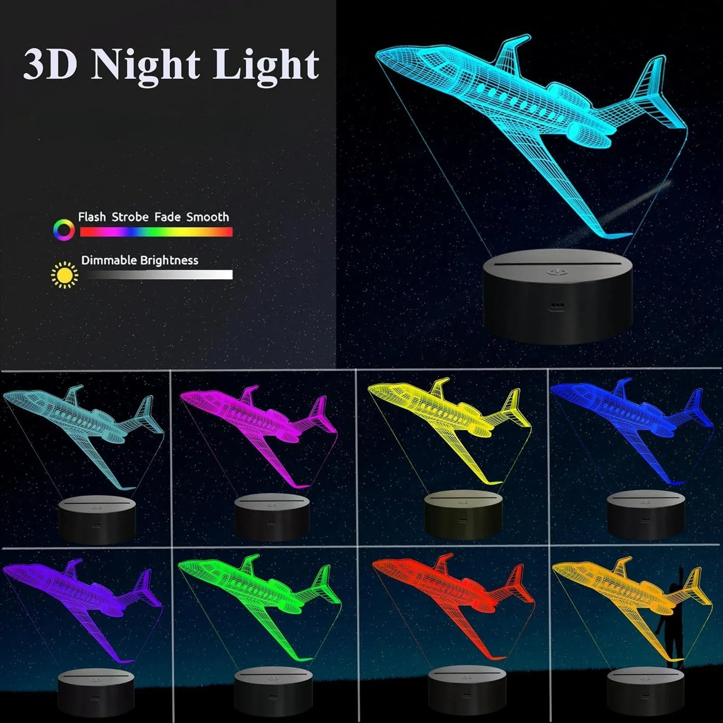 Airplane 3D LED Night Light | USB Illusion Bedside Lamp for Bedroom Decor
