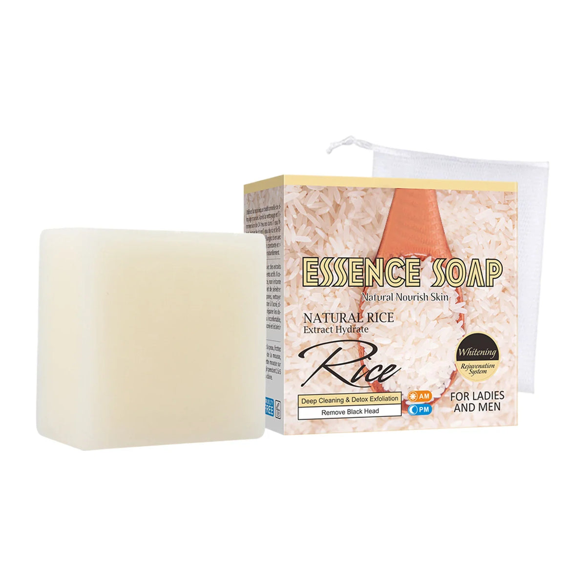 Essence Soap Rice bar with rice-grain box packaging, ivory handmade soap, Silcy Skin on Tampa Home & Garden Store