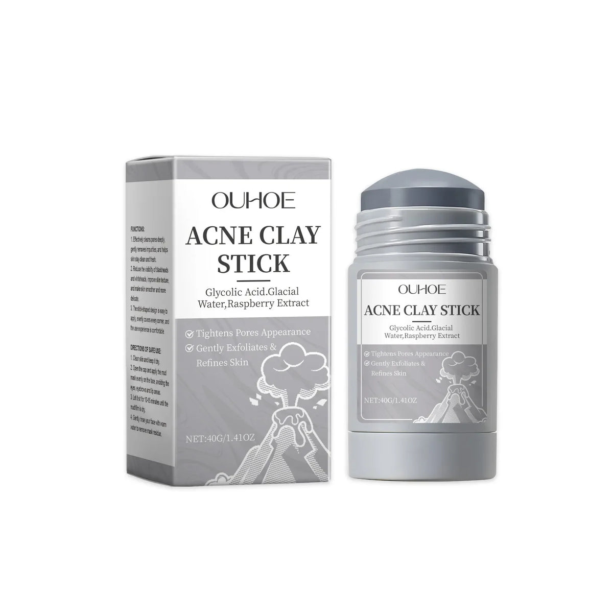 Acne Clay Stick set gray box and jar bottle OUHOE branding glycolic acid and raspberry extract on Tampa Home & Garden Store