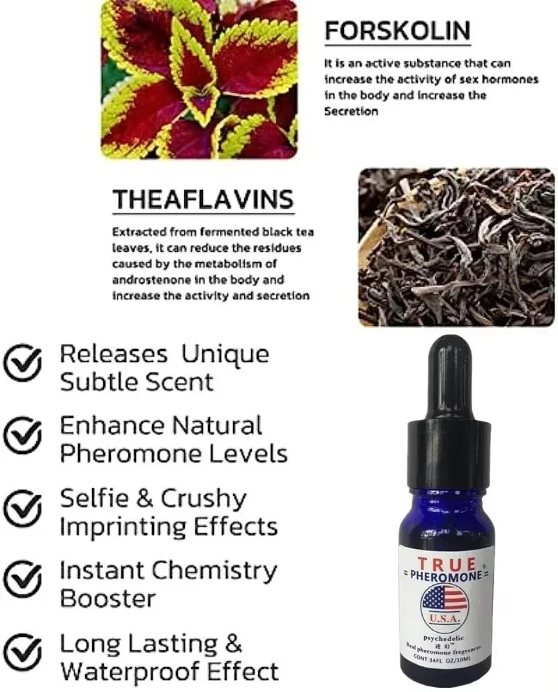 Silcy Skin pheromone fragrance oil for men bottle with blue dropper amid forskolin and theaflavins collage on Tampa Home & Garden Store