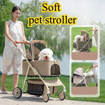 Pet Zen 3-in-1 soft beige stroller with detachable carrier, dog in carrier on Tampa Home & Garden Store