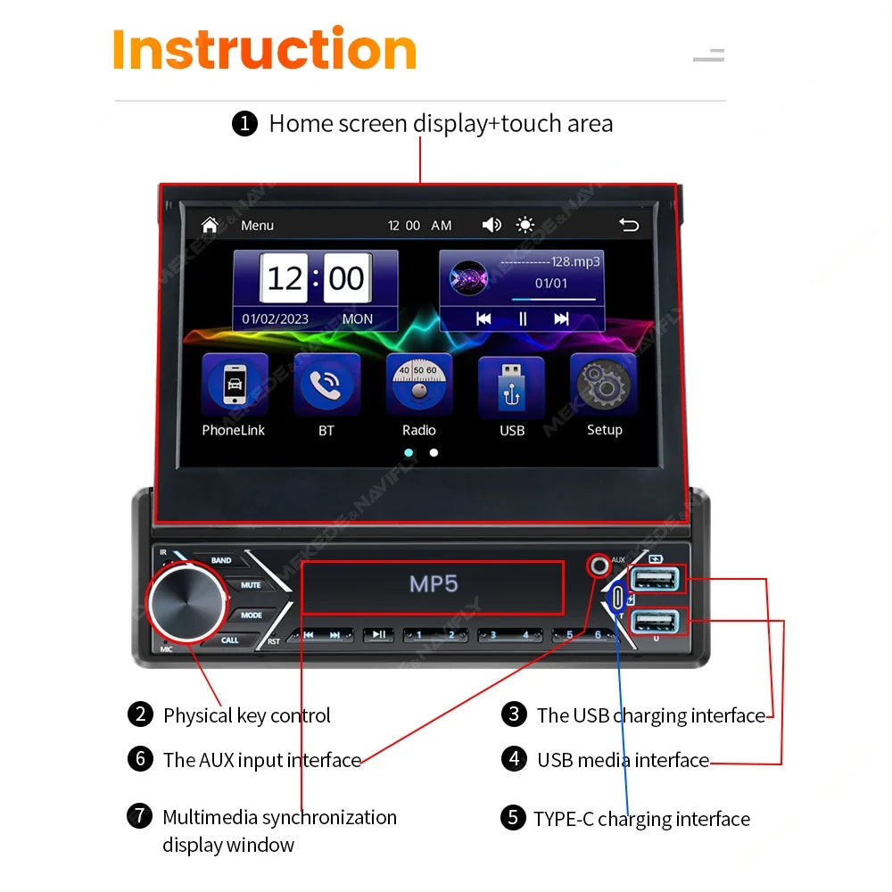 1-DIN 7in retractable car stereo with touch MP5 CarPlay, black chassis, UpTrend Deals on Tampa Home & Garden Store