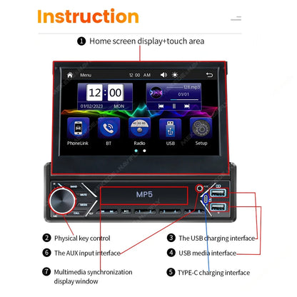 1-DIN 7in retractable car stereo with touch MP5 CarPlay, black chassis, UpTrend Deals on Tampa Home & Garden Store