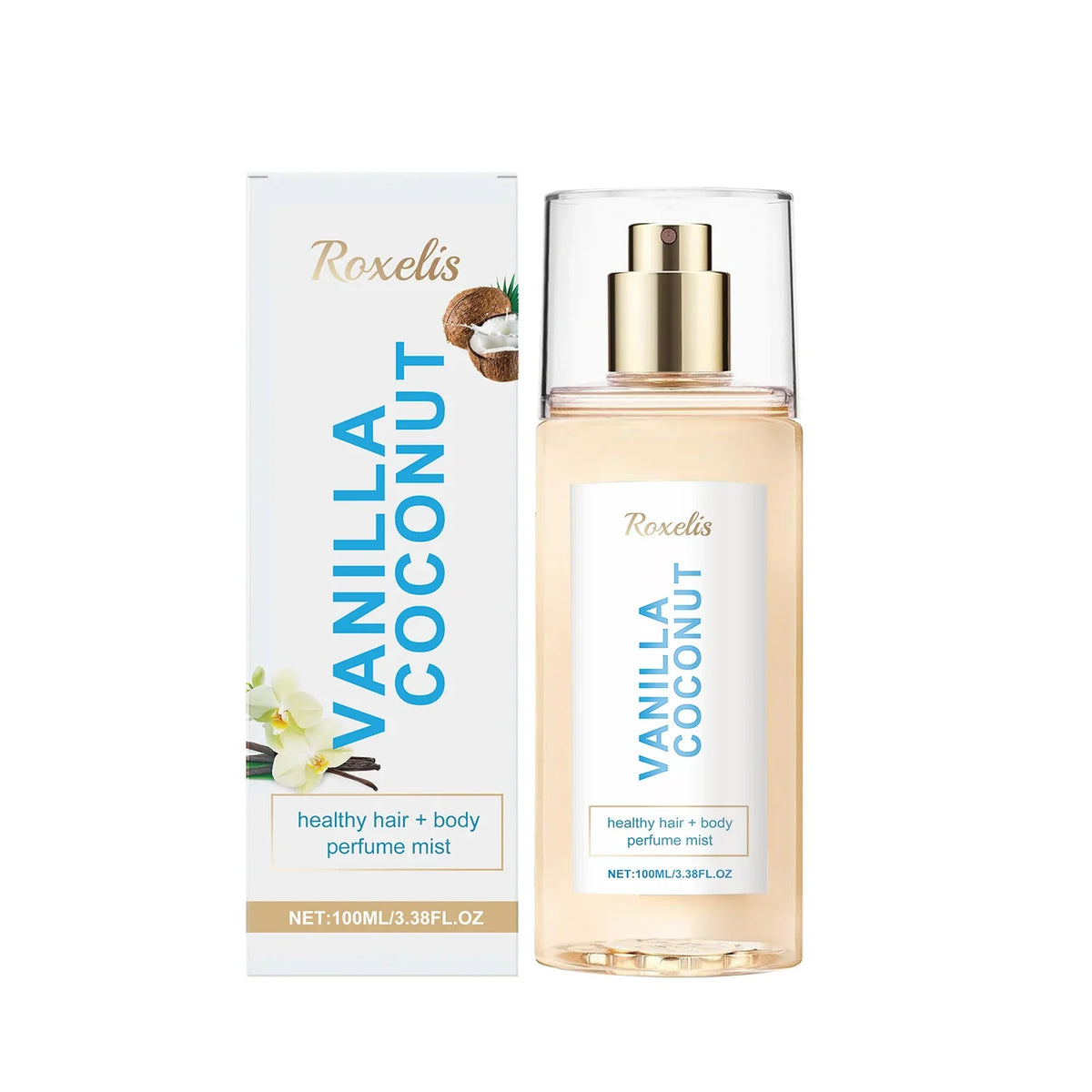 Vanilla Coconut Body Hair Mist by Silcy Skin, travel-size spray bottle with gold cap beside box on Tampa Home & Garden Store