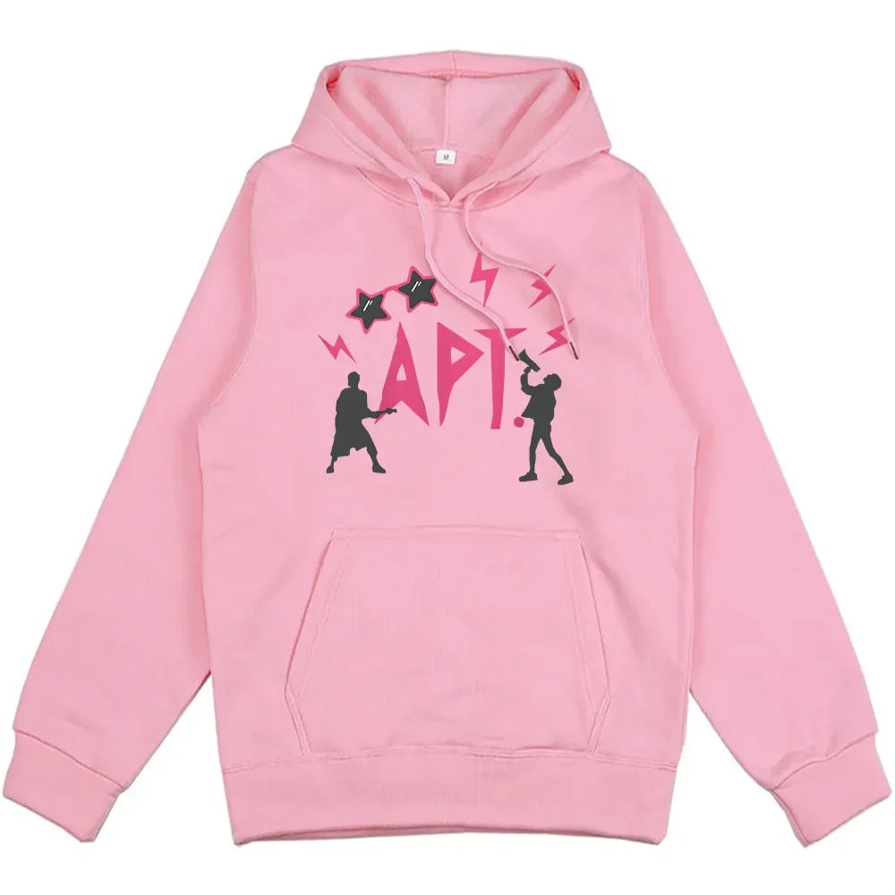 Hoodie pink APT ROSE & Bruno Mars with black silhouettes and lightning bolts print on Tampa Home & Garden Store
