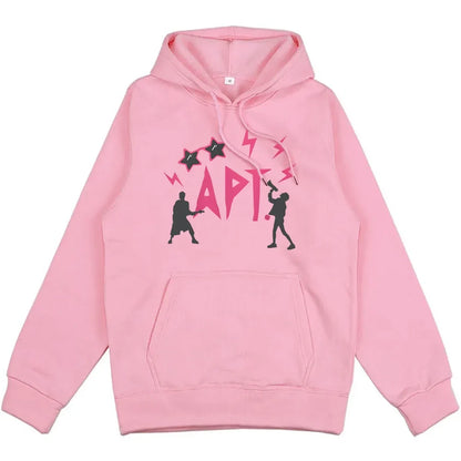 Hoodie pink APT ROSE & Bruno Mars with black silhouettes and lightning bolts print on Tampa Home & Garden Store