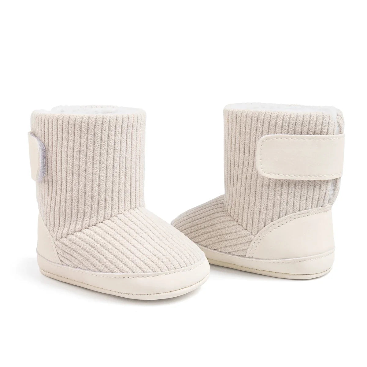 Newborn Baby Winter Boots – Soft Corduroy Booties, cream with white sole and Velcro strap on Tampa Home & Garden Store