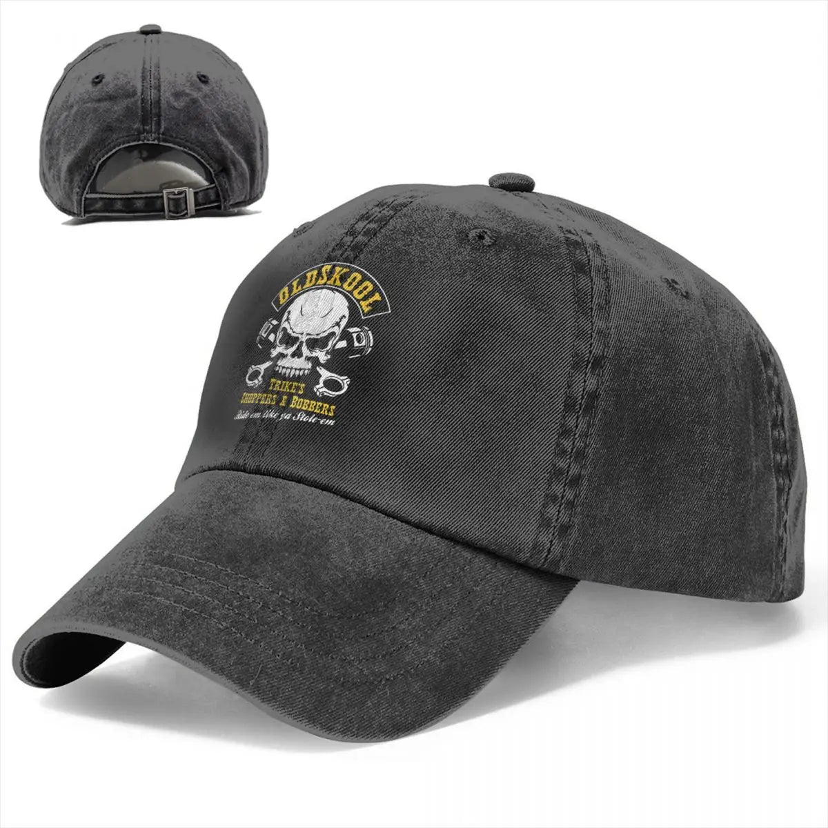Vintage BSA chopper baseball cap in distressed black denim with embroidered skull patch on Tampa Home & Garden Store