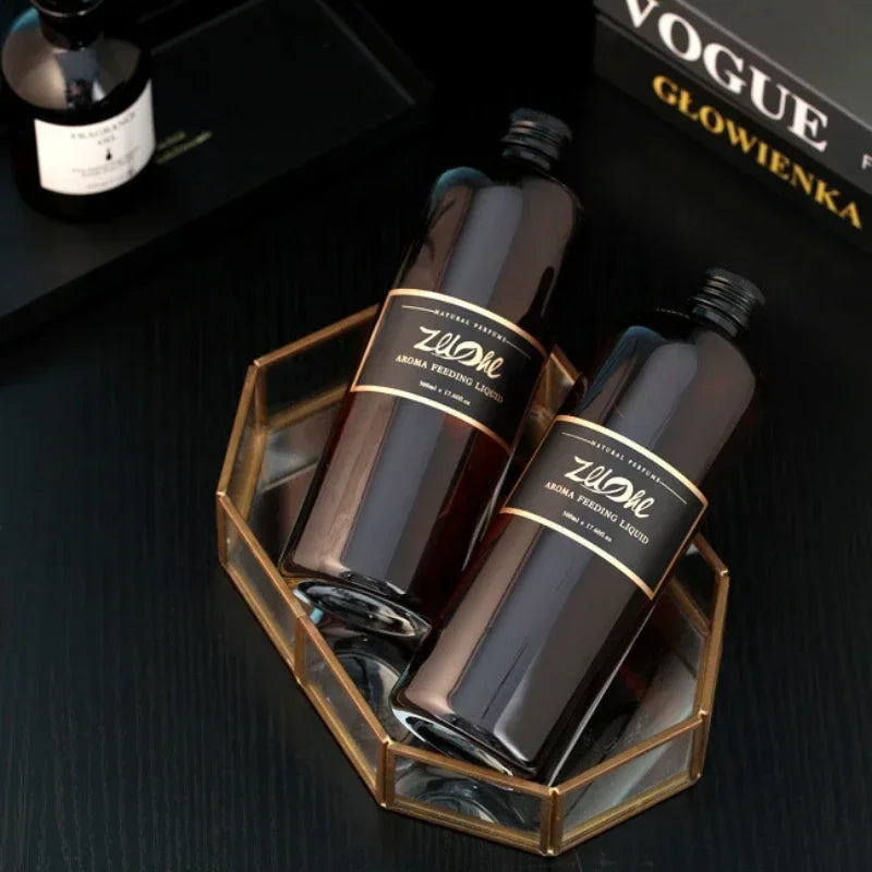 2x 500ml Hotel Series Shangri-La refills Silcy Skin in brown glass bottles on dark surface on Tampa Home & Garden Store