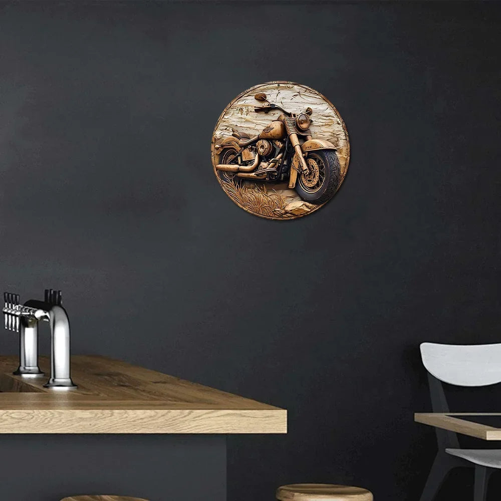 Round faux wood carved circular wreath sign with motorcycle relief, gold-brown finish on Tampa Home & Garden Store